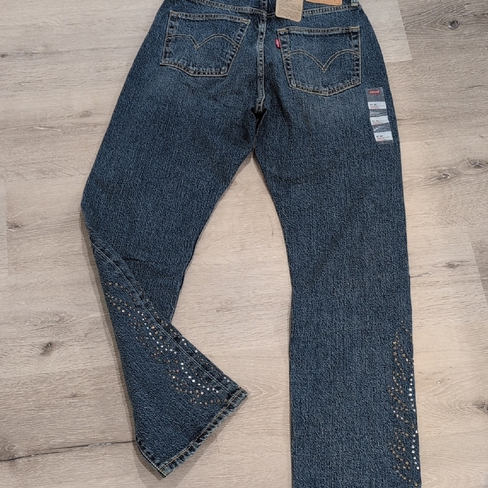 New Levi's 501 Dark Blue Straight-Leg Jeans with Rhinestone Detail - Picture 7 of 11